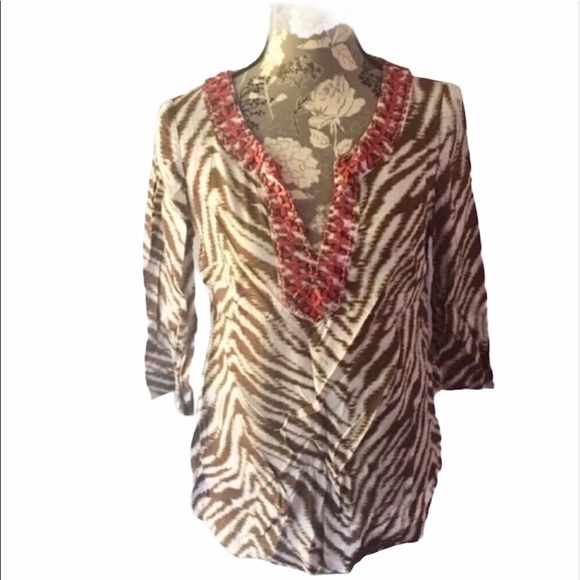 LOFT Brown Animal Print Beaded 3/4 sleeve Blouse small - Picture 2 of 5